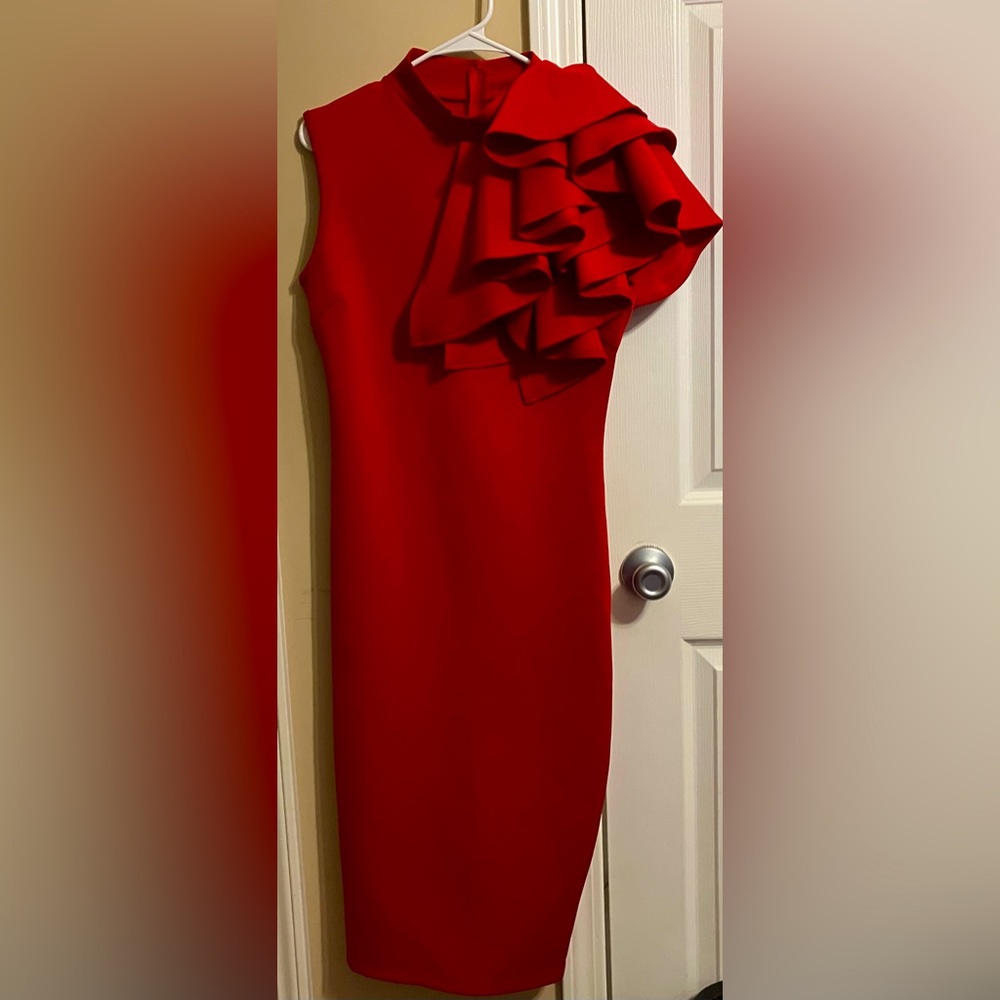 Gorgeous bright red dress with ribbon/ruffle detail on the collar, size Medium. - Picture 1 of 4